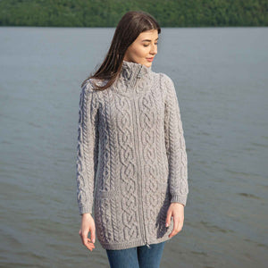 Women's Aran Knit Zip Cardigan, Grey - Creative Irish Gifts