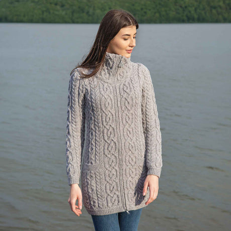 Women's Aran Knit Zip Cardigan, Grey - Creative Irish Gifts