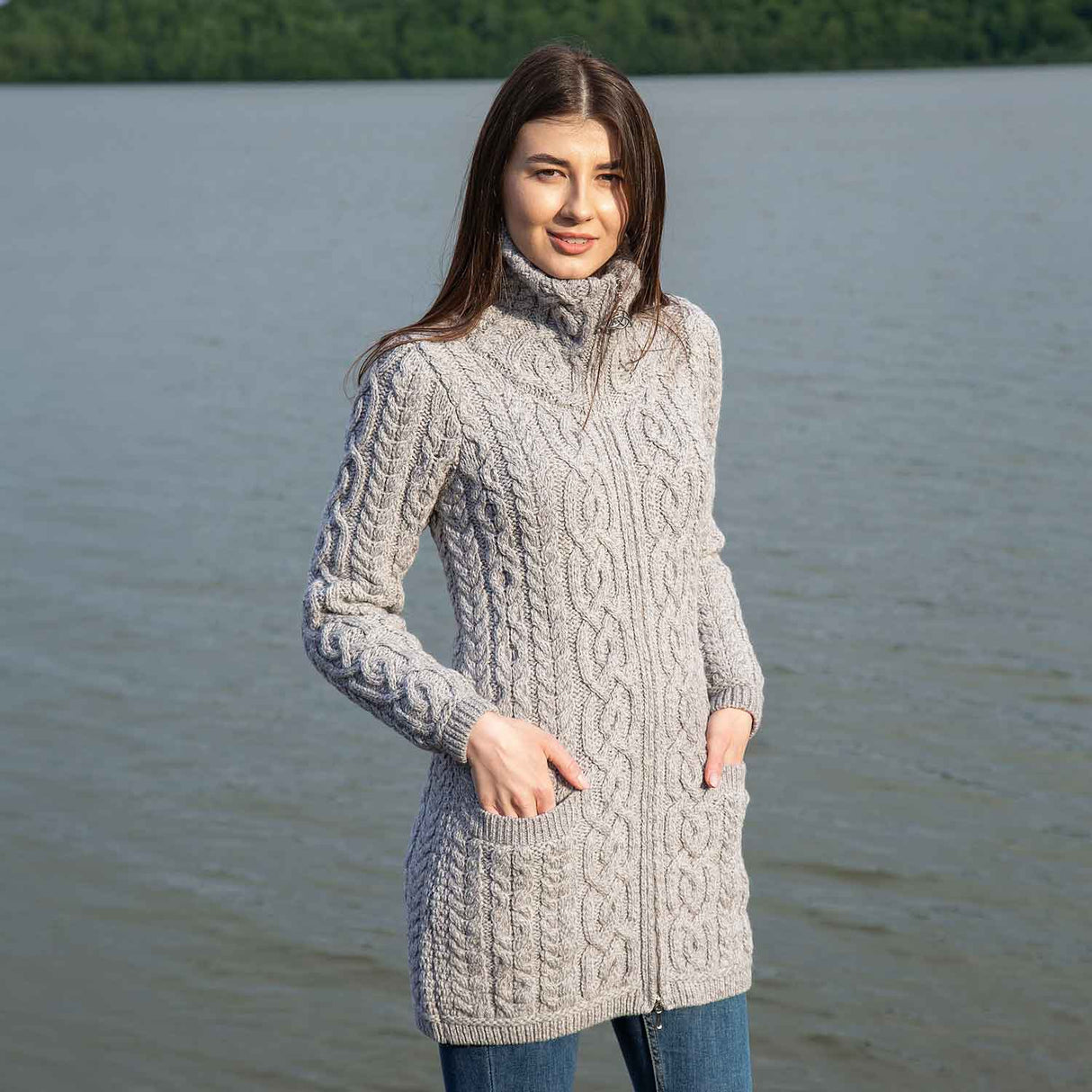 Women's Aran Knit Zip Cardigan, Grey - Creative Irish Gifts