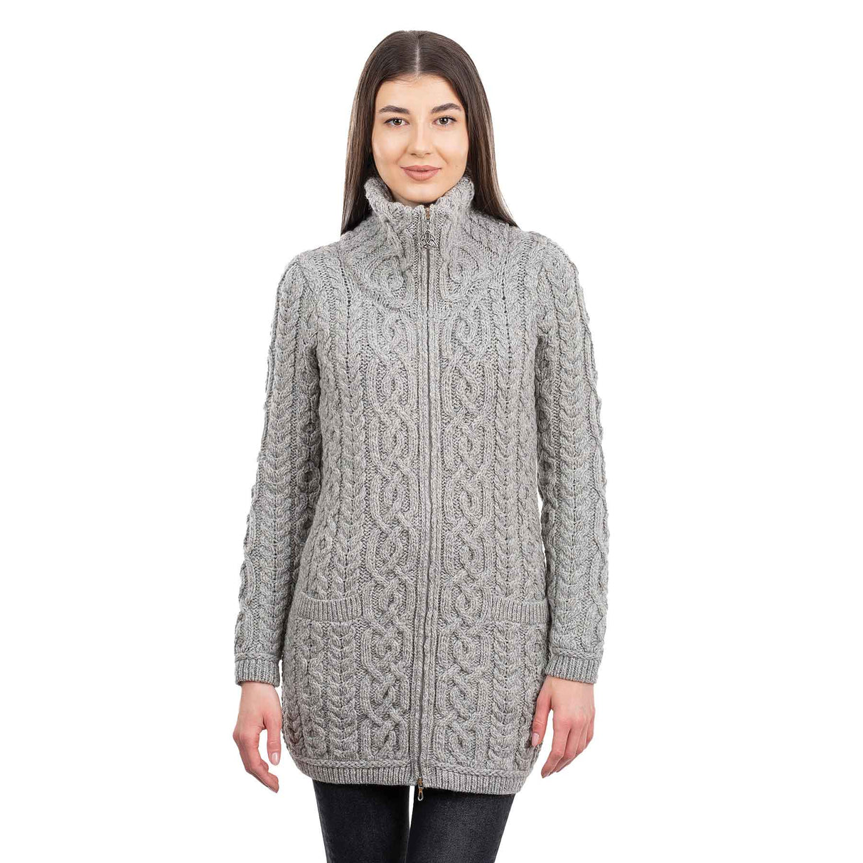 Women's Aran Knit Zip Cardigan, Grey - Creative Irish Gifts