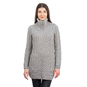 Women's Aran Knit Zip Cardigan, Grey - Creative Irish Gifts