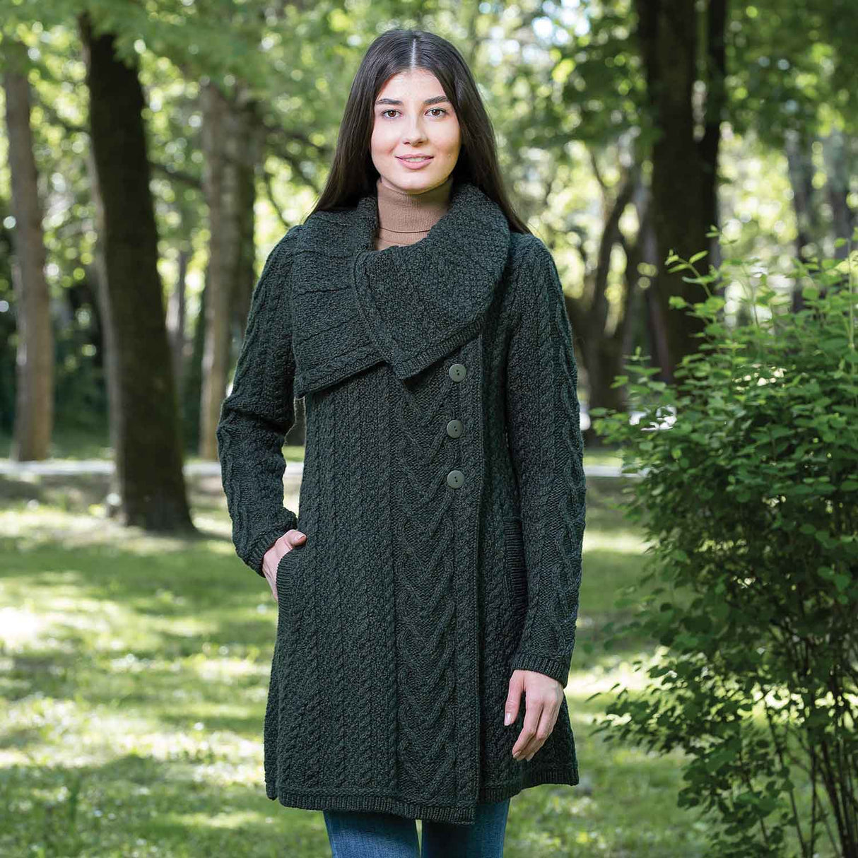 Women's Classic Aran Knit Cable Coat, Army Green - Creative Irish Gifts