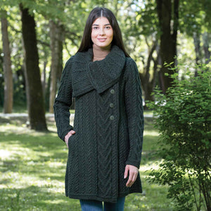 Women's Classic Aran Knit Cable Coat, Army Green - Creative Irish Gifts