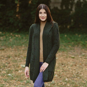 Women's Aran Knit Hooded Long Cardigan, Army Green - Creative Irish Gifts