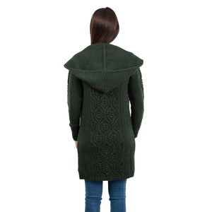Women's Aran Knit Hooded Long Cardigan, Army Green - Creative Irish Gifts