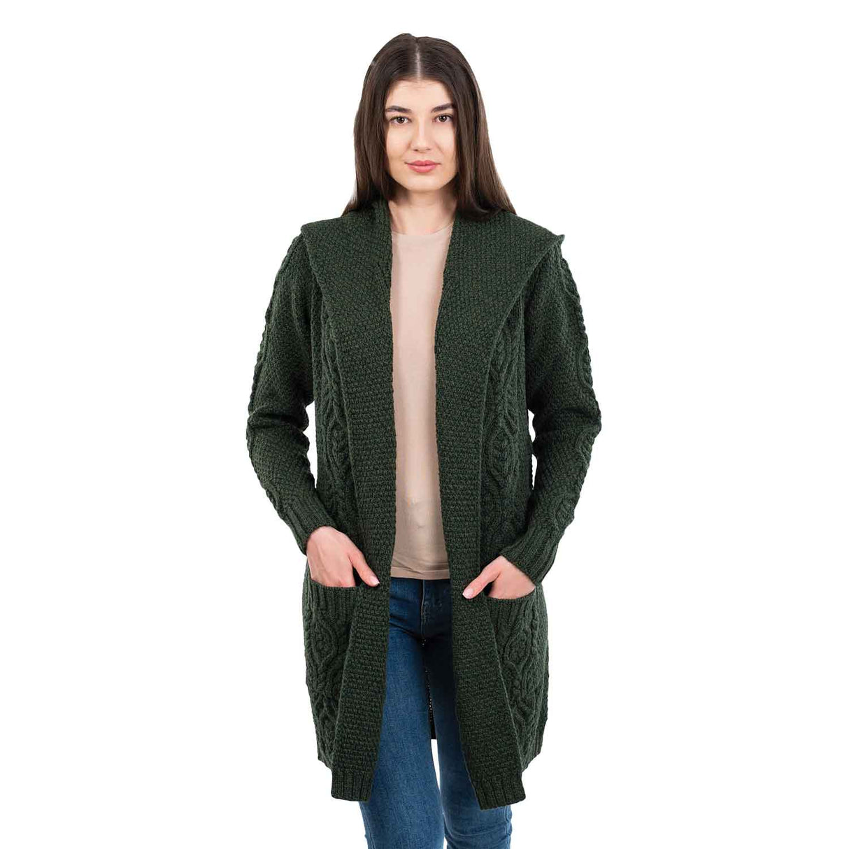 Women's Aran Knit Hooded Long Cardigan, Army Green - Creative Irish Gifts