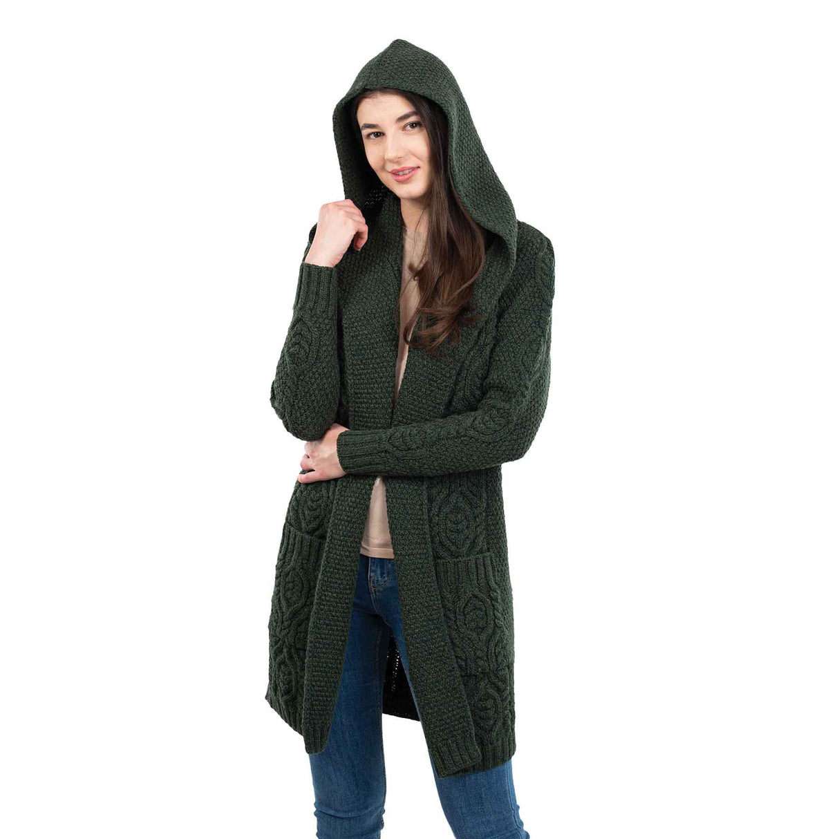 Women's Aran Knit Hooded Long Cardigan, Army Green - Creative Irish Gifts