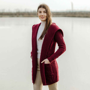Women's Aran Knit Hooded Long Cardigan, Wine - Creative Irish Gifts