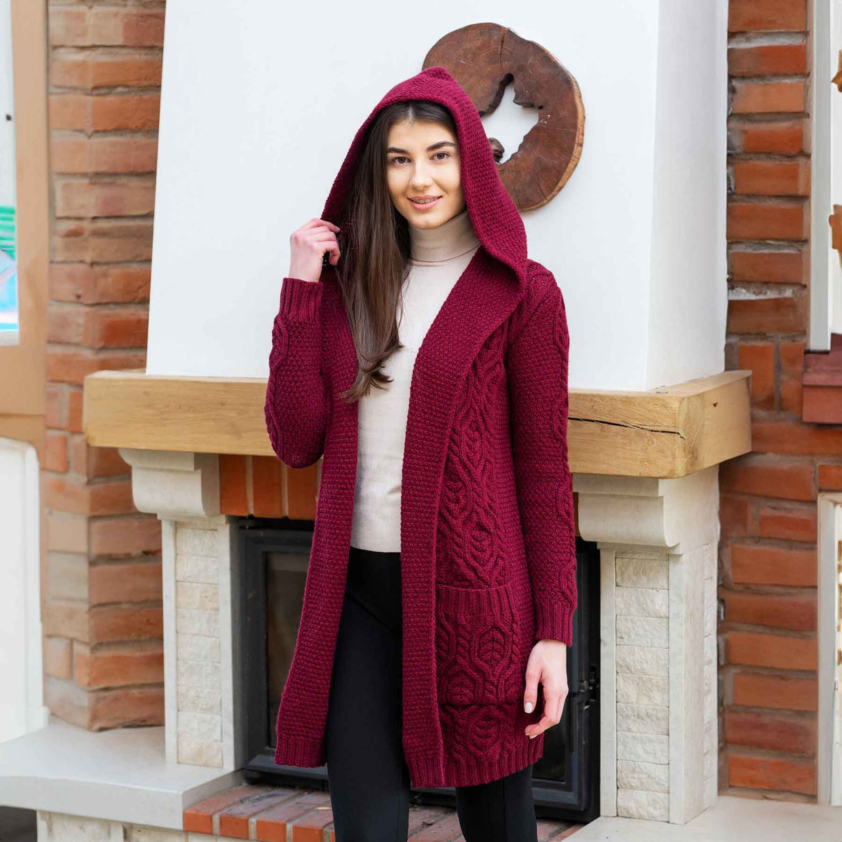 Women's Aran Knit Hooded Long Cardigan, Wine - Creative Irish Gifts