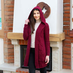 Women's Aran Knit Hooded Long Cardigan, Wine - Creative Irish Gifts