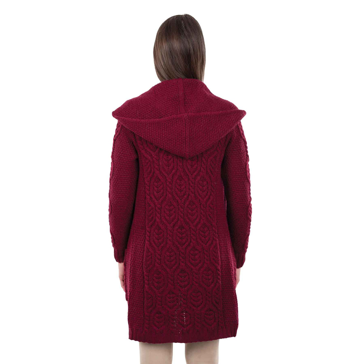 Women's Aran Knit Hooded Long Cardigan, Wine - Creative Irish Gifts