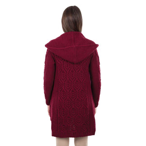 Women's Aran Knit Hooded Long Cardigan, Wine - Creative Irish Gifts