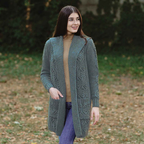 Women's Aran Knit Hooded Long Cardigan, Skylight - Creative Irish Gifts