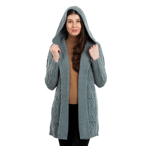 Women's Aran Knit Hooded Long Cardigan, Skylight - Creative Irish Gifts