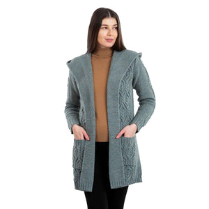 Women's Aran Knit Hooded Long Cardigan, Skylight - Creative Irish Gifts