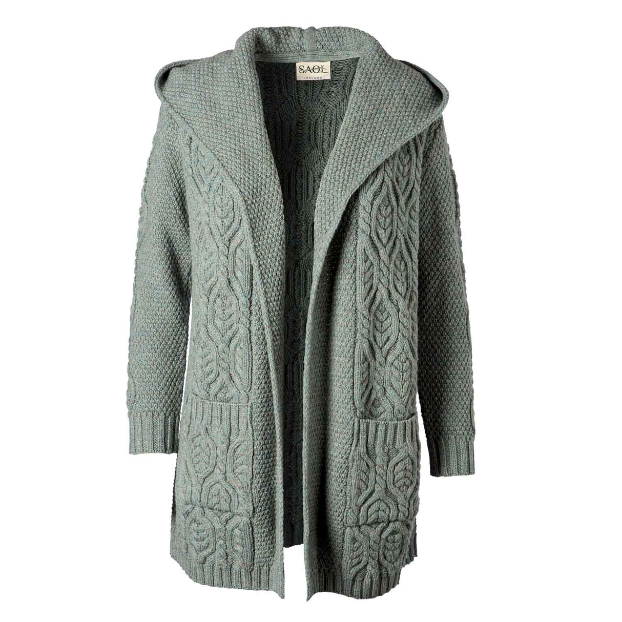 Women's Aran Knit Hooded Long Cardigan, Skylight - Creative Irish Gifts