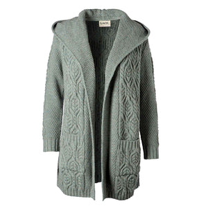 Women's Aran Knit Hooded Long Cardigan, Skylight - Creative Irish Gifts