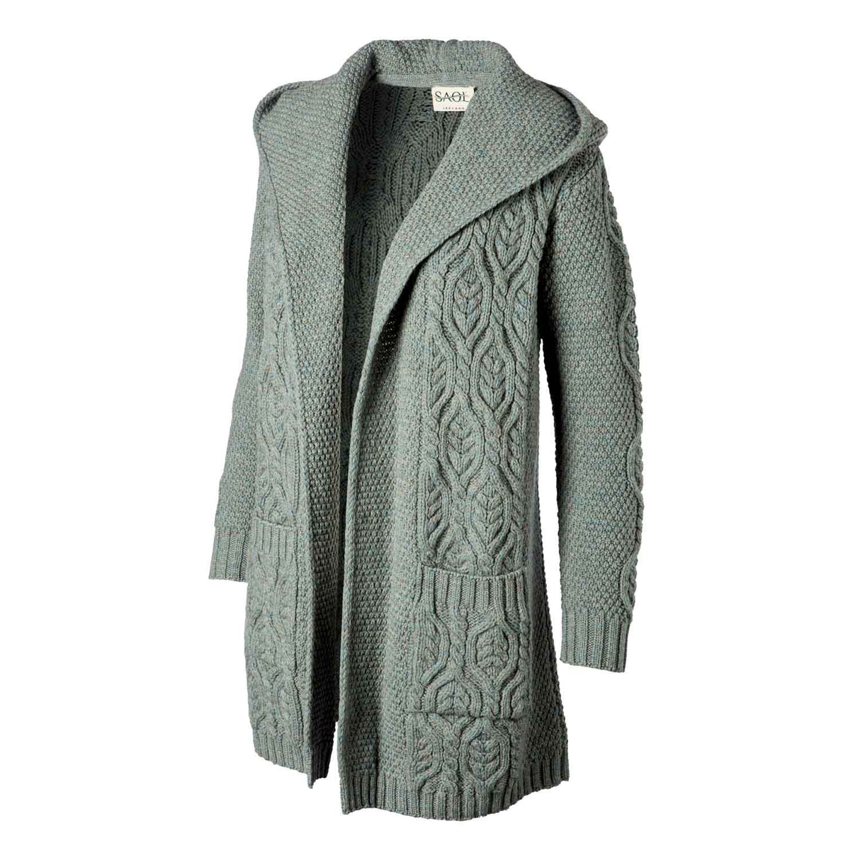 Women's Aran Knit Hooded Long Cardigan, Skylight - Creative Irish Gifts