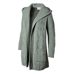 Women's Aran Knit Hooded Long Cardigan, Skylight - Creative Irish Gifts