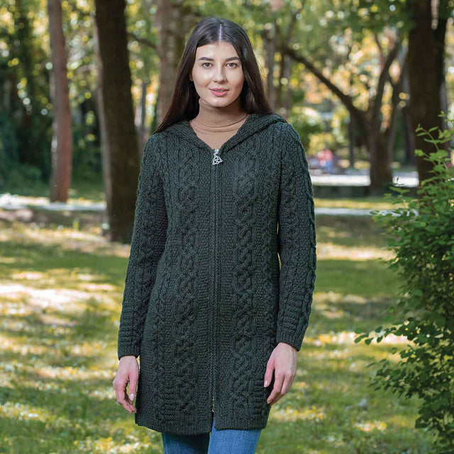Women's Celtic Aran Knit Jacket, Army Green - Creative Irish Gifts
