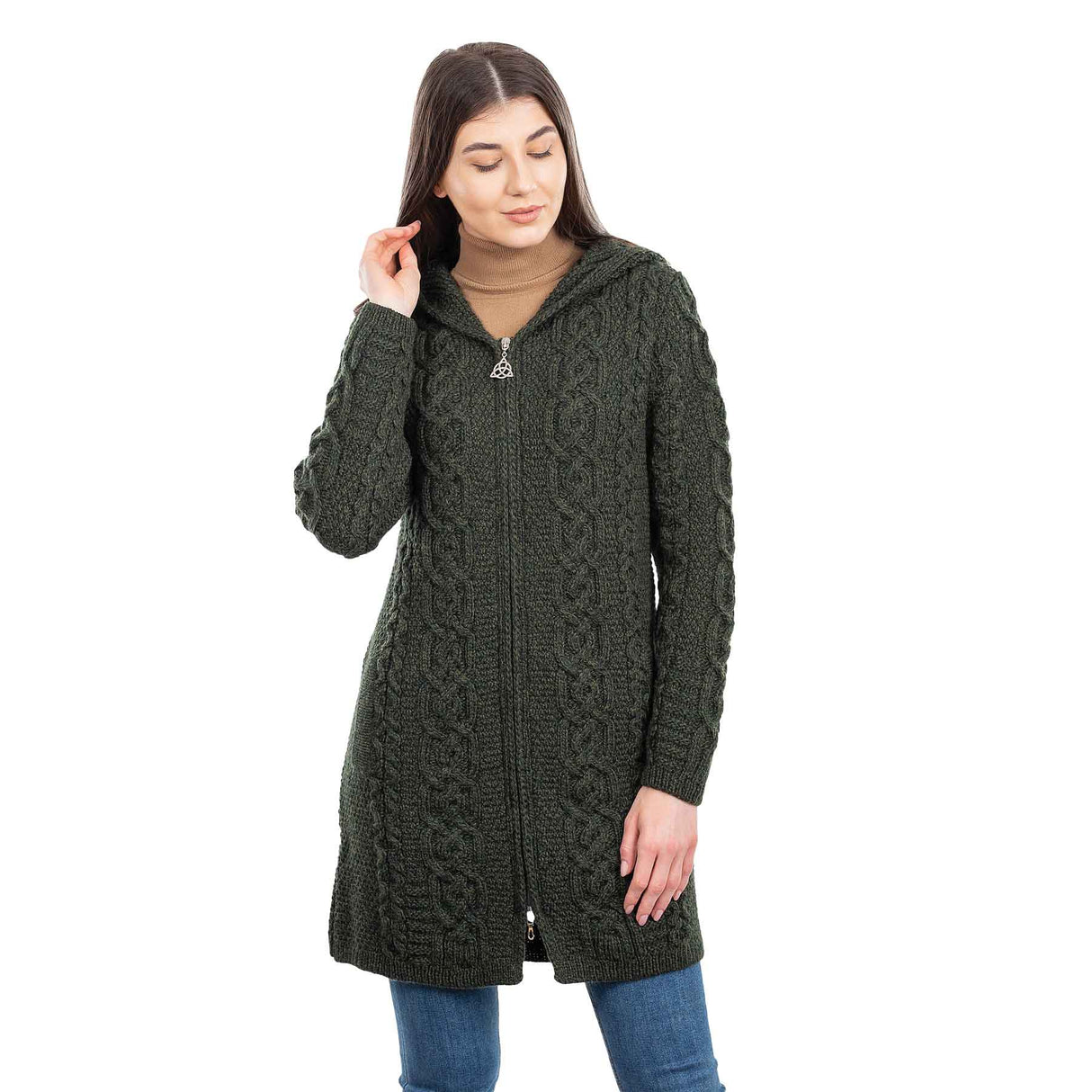 Women's Celtic Aran Knit Jacket, Army Green - Creative Irish Gifts