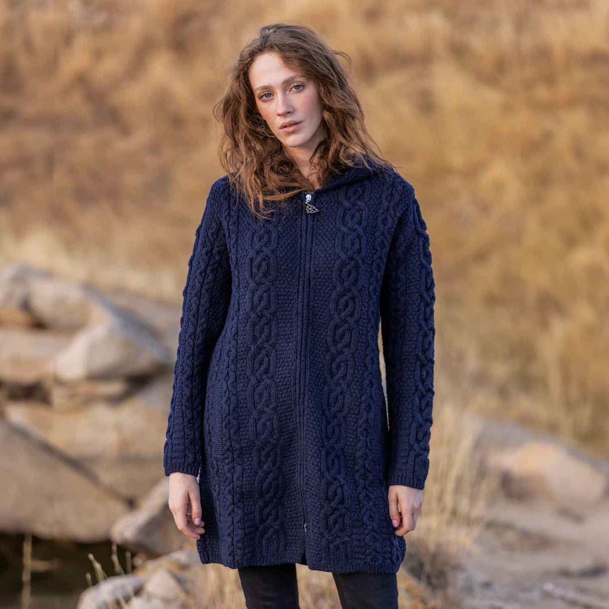 Women's Celtic Aran Knit Jacket, Navy - Creative Irish Gifts