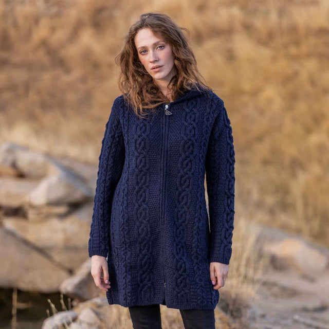 Women's Celtic Aran Knit Jacket, Navy - Creative Irish Gifts