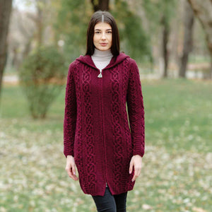 Women's Celtic Aran Knit Jacket, Wine - Creative Irish Gifts
