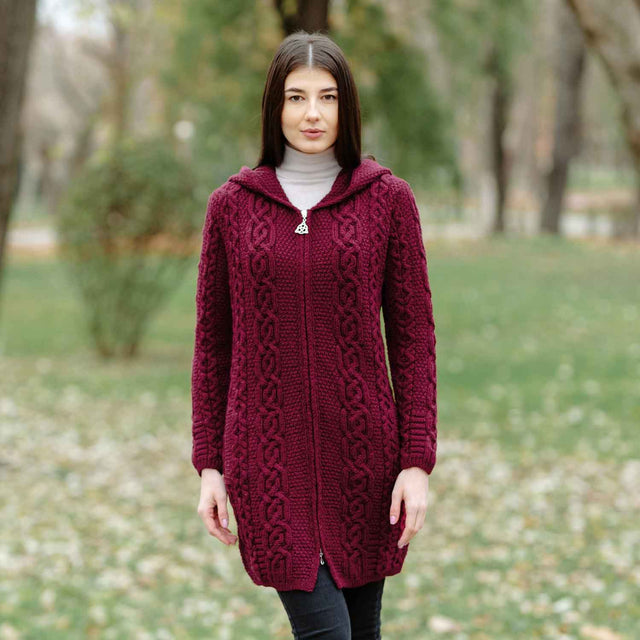 Women's Celtic Aran Knit Jacket, Wine - Creative Irish Gifts