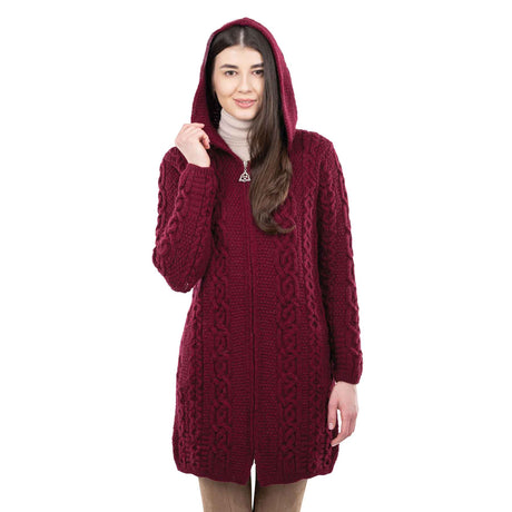 Women's Celtic Aran Knit Jacket, Wine - Creative Irish Gifts