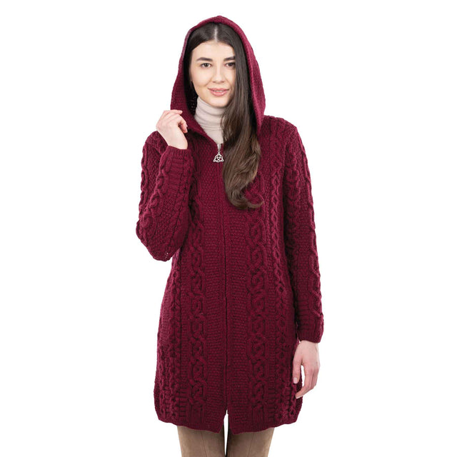 Women's Celtic Aran Knit Jacket, Wine - Creative Irish Gifts