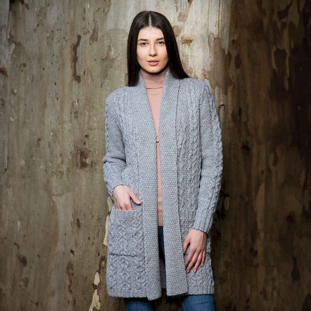 Women's Open Face Aran Knit Cardigan, Grey - Creative Irish Gifts