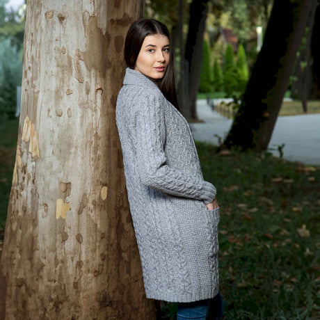 Women's Open Face Aran Knit Cardigan, Grey - Creative Irish Gifts