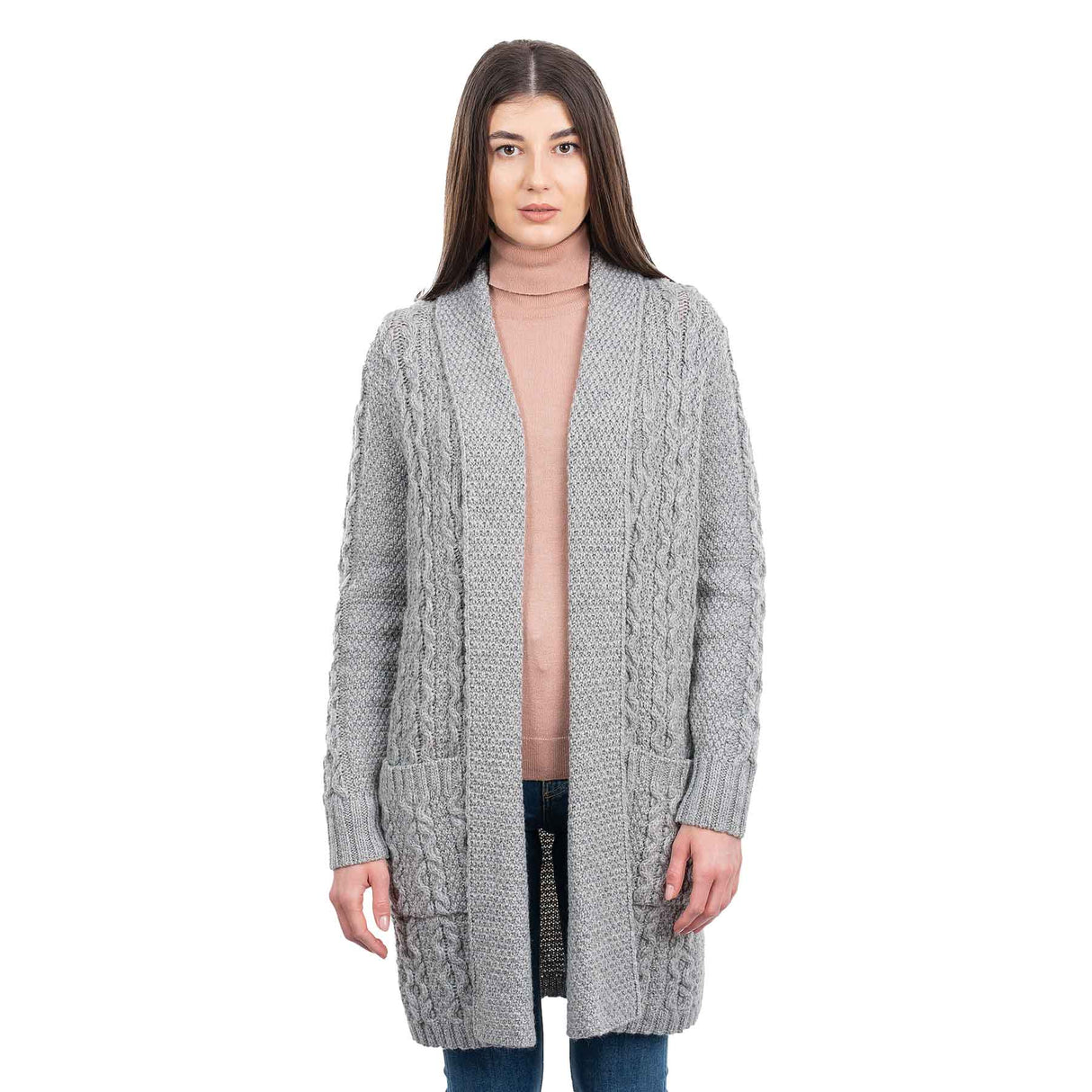 Women's Open Face Aran Knit Cardigan, Grey - Creative Irish Gifts