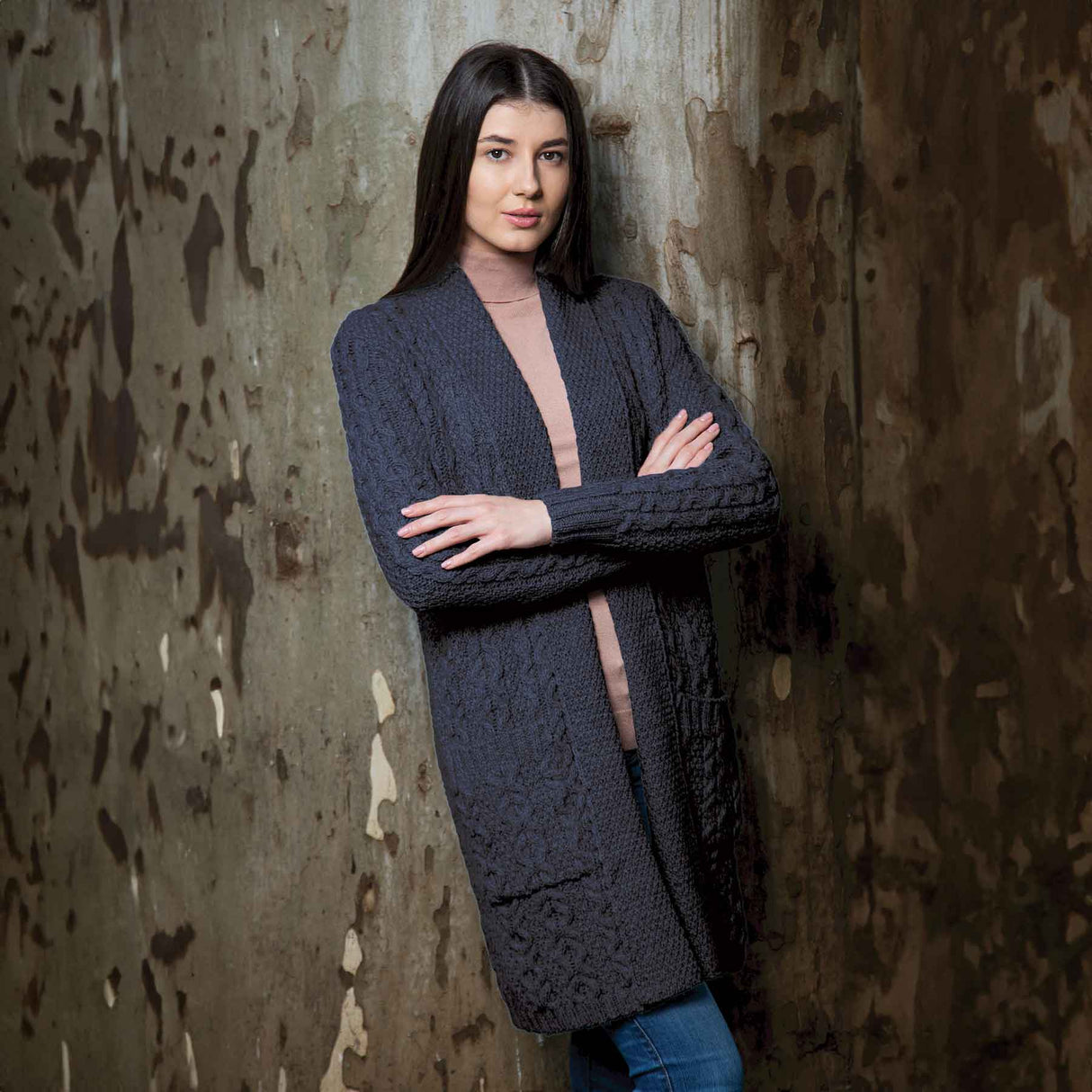 Women's Open Face Aran Knit Cardigan, Navy - Creative Irish Gifts