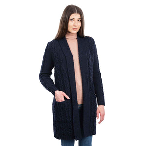 Women's Open Face Aran Knit Cardigan, Navy - Creative Irish Gifts