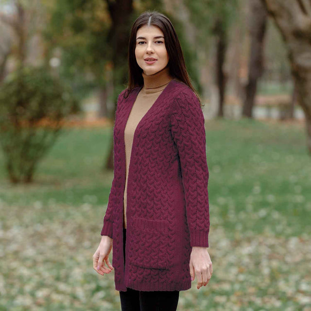 Women's Aran Knit Icon Cardigan Coat, Wine - Creative Irish Gifts
