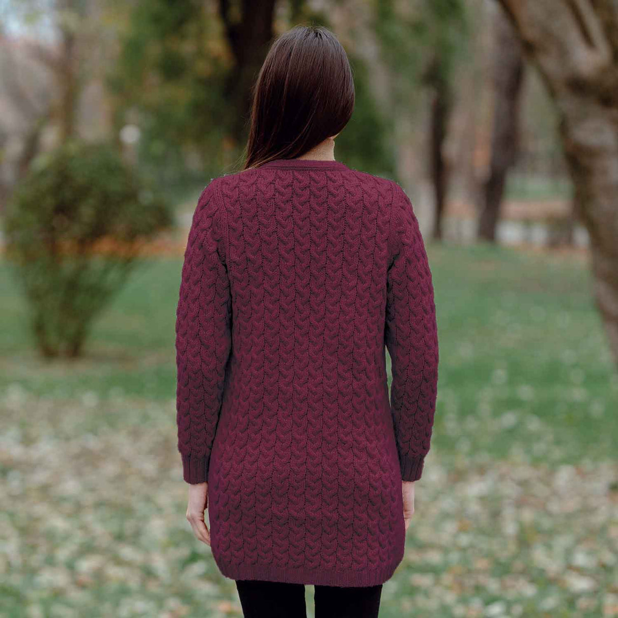 Women's Aran Knit Icon Cardigan Coat, Wine - Creative Irish Gifts