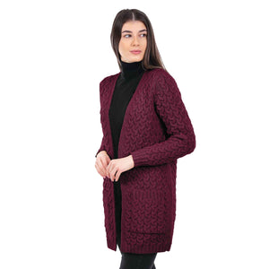 Women's Aran Knit Icon Cardigan Coat, Wine - Creative Irish Gifts