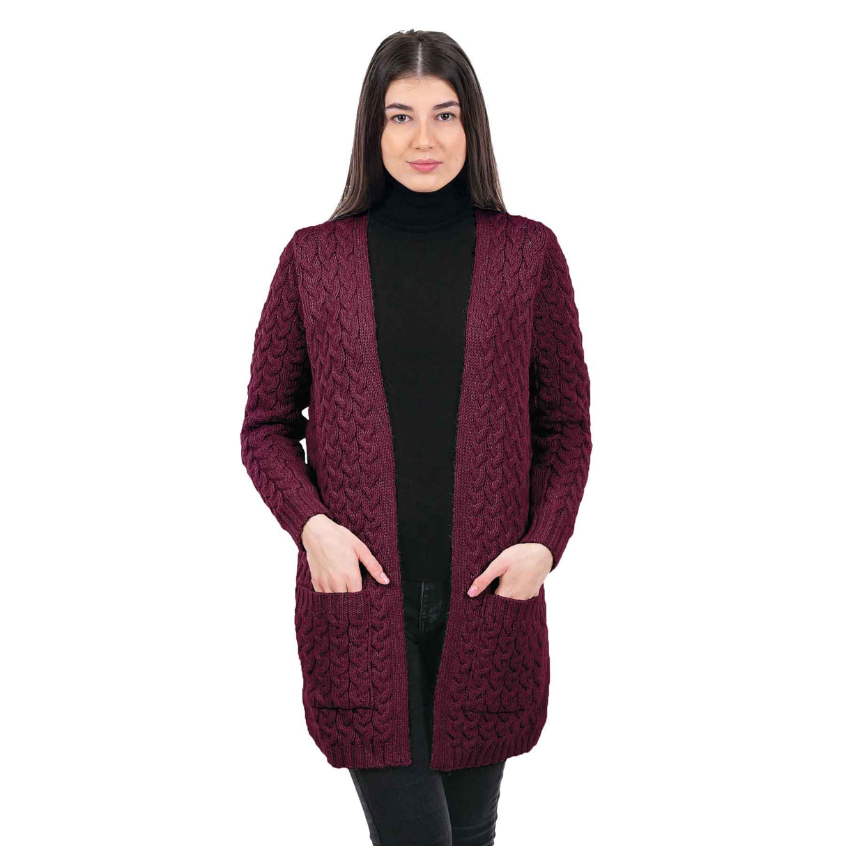 Women's Aran Knit Icon Cardigan Coat, Wine - Creative Irish Gifts