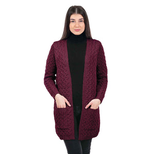 Women's Aran Knit Icon Cardigan Coat, Wine - Creative Irish Gifts