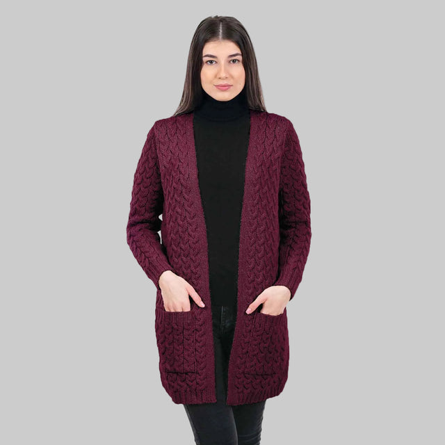Women's Aran Knit Icon Cardigan Coat, Wine - Creative Irish Gifts