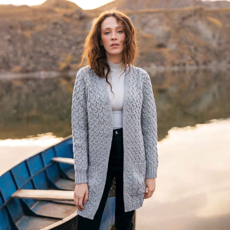 Women's Aran Knit Icon Cardigan Coat, Grey - Creative Irish Gifts