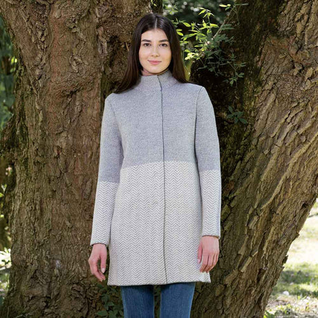 Women's Aran Knit Herringbone Coat, Grey - Creative Irish Gifts