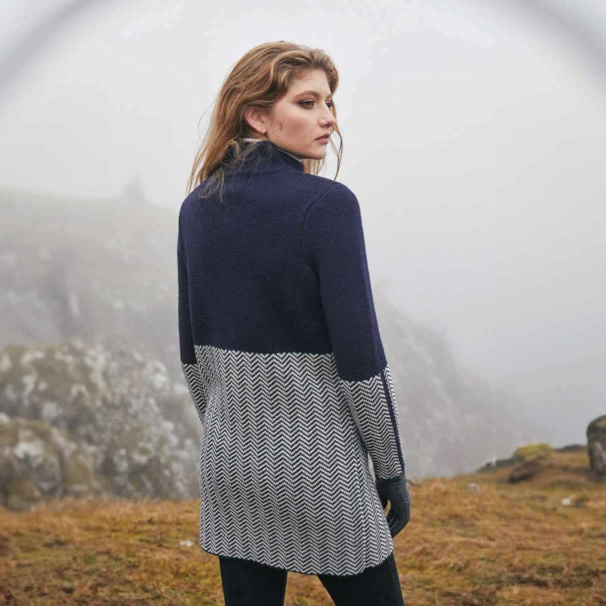 Women's Aran Knit Herringbone Coat, Navy - Creative Irish Gifts