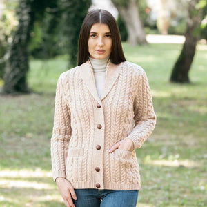 Women's Aran Knit Shawl Neck Cardigan, Parsnip - Creative Irish Gifts