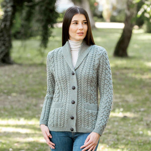 Women's Aran Knit Shawl Neck Cardigan, Skylight - Creative Irish Gifts