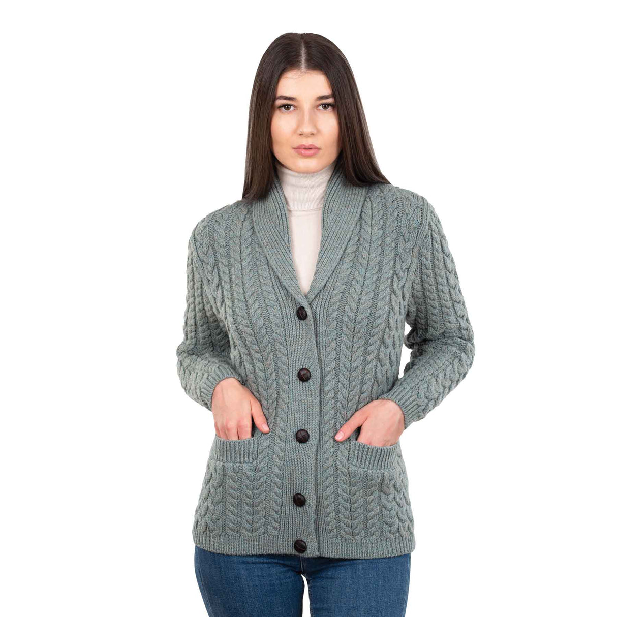 Women's Aran Knit Shawl Neck Cardigan, Skylight - Creative Irish Gifts