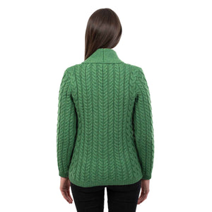 Women's Aran Knit Shawl Neck Cardigan, Green - Creative Irish Gifts