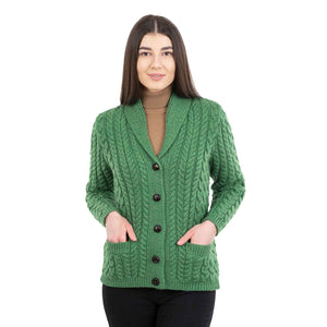 Women's Aran Knit Shawl Neck Cardigan, Green - Creative Irish Gifts